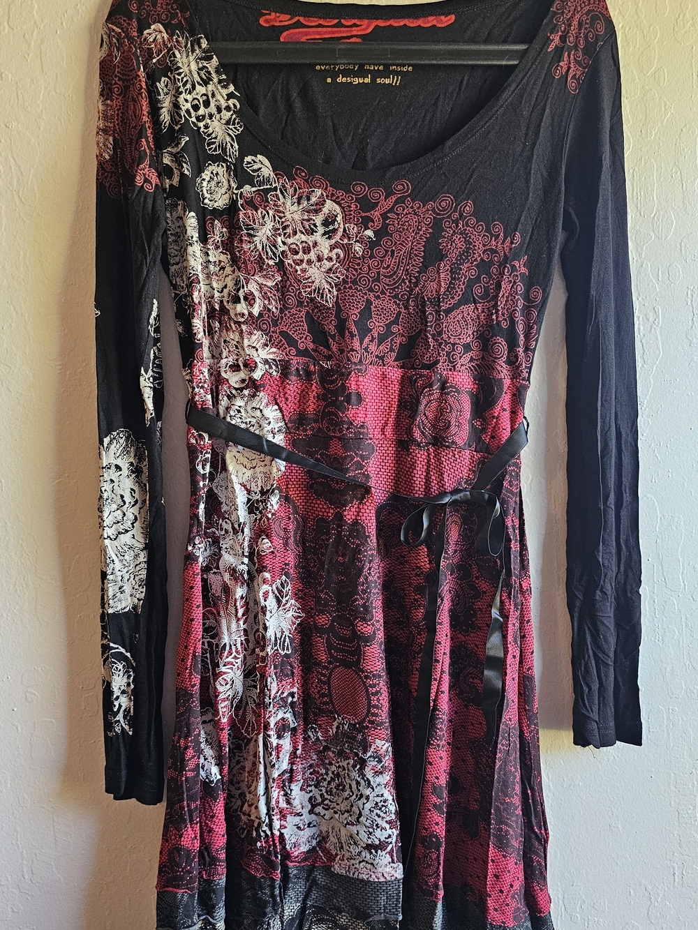 Desigual Black, Red and White Long-Sleeve Tie-Waist Dress